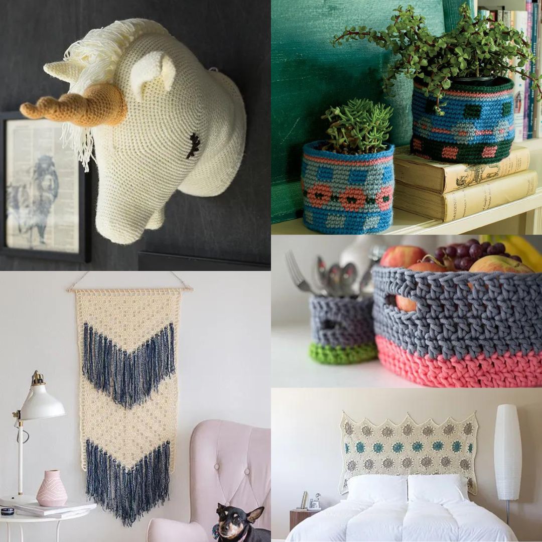 Collage of crochet dorm decor projects