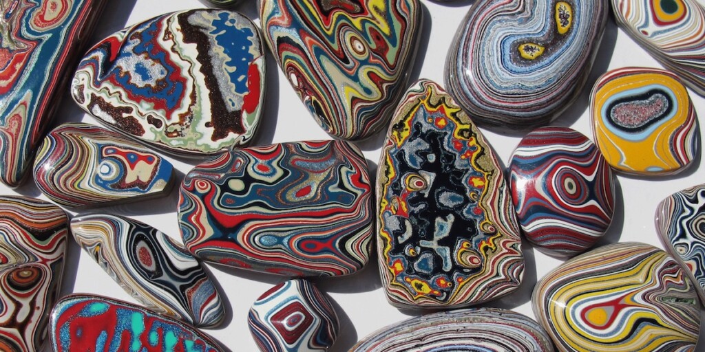 Fordite cabochons made from leftover automobile factory paint