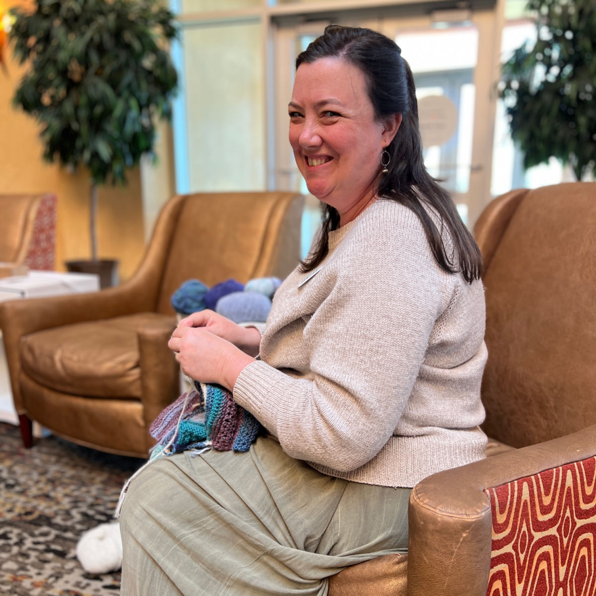 Interweave Knits editor Kerry Bogert stitching the first row of the 2023 season