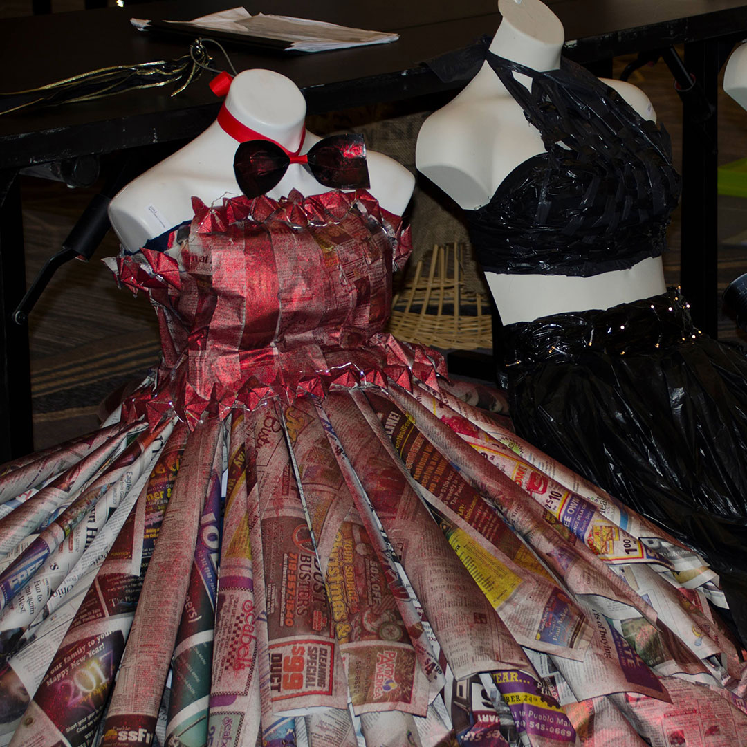 Entries in the Colorado TSA Fashion Design competition, in which students were tasked with making garments using only recycled materials. Photo courtesy of Colorado TSA.