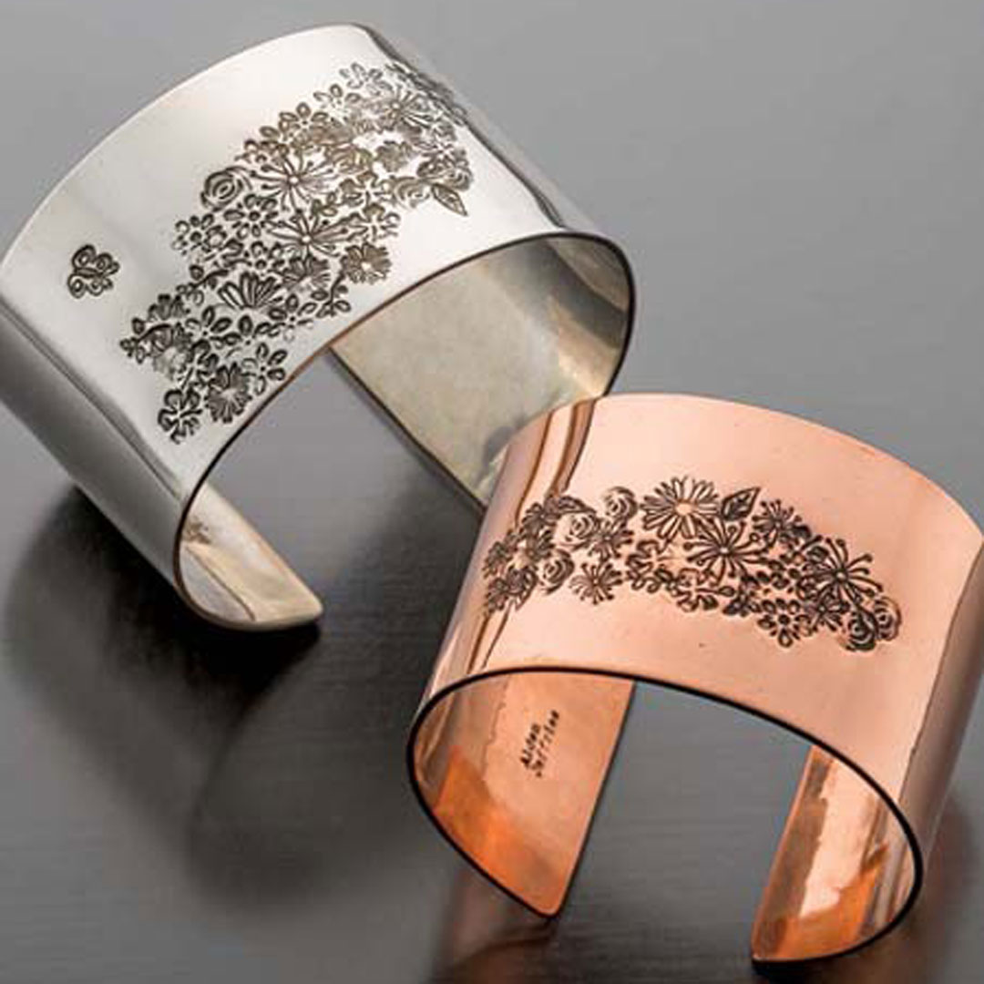 stamped metal jewelry, Jeff Fulkerson Stamped Flower Cuff Silver, copper PHOTO: JIM LAWSON