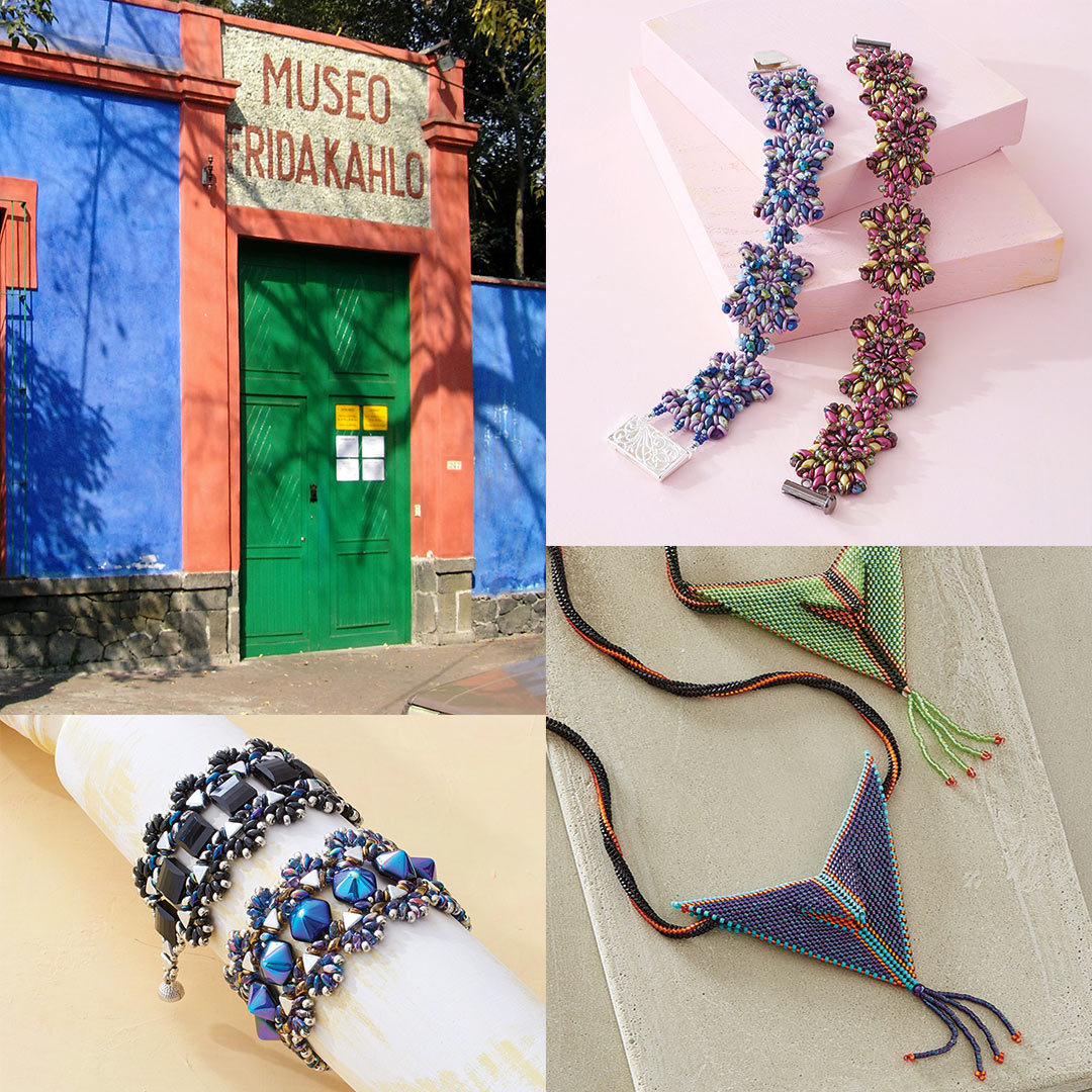 Frida Kahlo’s Home and now museum dedicated to her work (Photo: Nachtwächter), Michelle Heim’s Caño Cristales Bracelet, Svetlana Chernitsky’s Mariposa Bracelet, and Wendy Ellsworth’s Steelstack Pendant