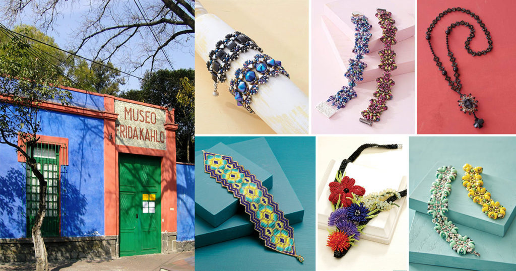 La Casa Azul – the Frida Kahlo Museum (Photo: Nachtwächter), Svetlana Chernitsky’s Mariposa Bracelet, Michelle Heim’s Caño Cristales Bracelet, Sandra Kane’s Voodoo Queen Necklace, Carole E. Hanley’s Cactus Flower Bracelet, Diane Fitzgerald’s Floral Collage Necklace, and Evelína Palmontová’s Ocean Treasures Bracelet.