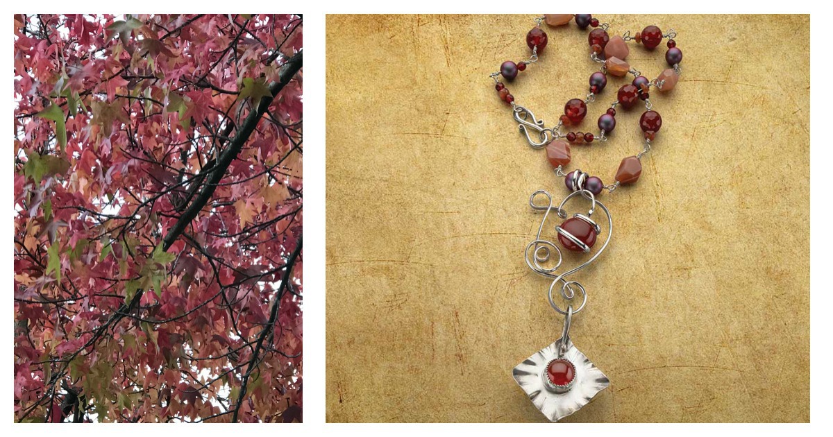 Fall leaves in the Pacific Northwest, Photo: Tammy Honaman; Sandra Lupo’s Sun Worship Duo necklace, Photo: Jim Lawson