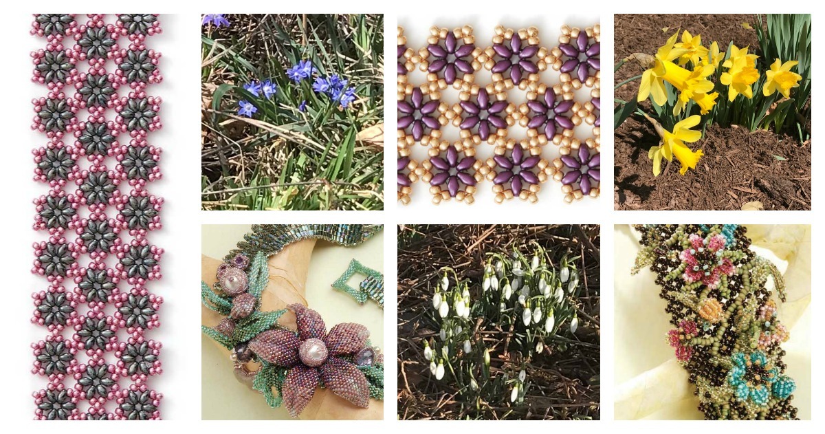 (left to right, clockwise): Alternate colorway for Shanna Steele’s Beads in Bloom bracelet; blue-eyed grass seed; alternate colorway for Shanna Steele’s Beads in Bloom bracelet; daffodils; Spring Celebration Bracelet by Cynthia Rutledge; snowdrops; Garden Dream necklace by Lynda Taylor.