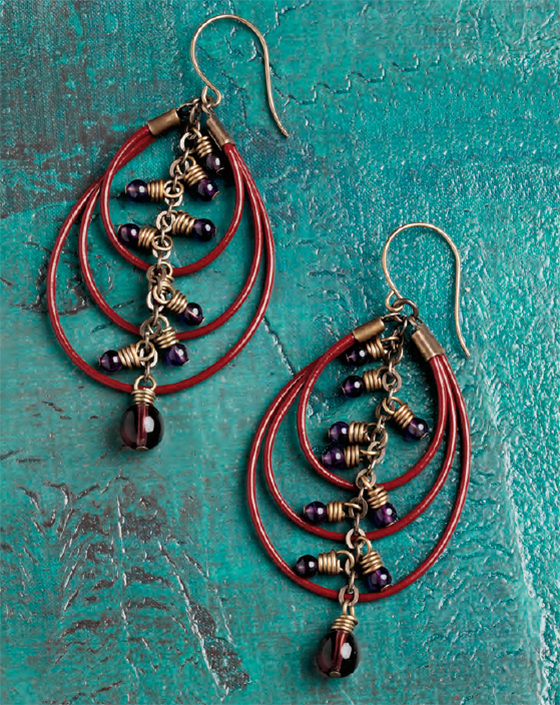 Triple Loops Earrings, by Erin Siegel. Leather cording, cord ends, adhesive, chain, beaded dangles, earwires